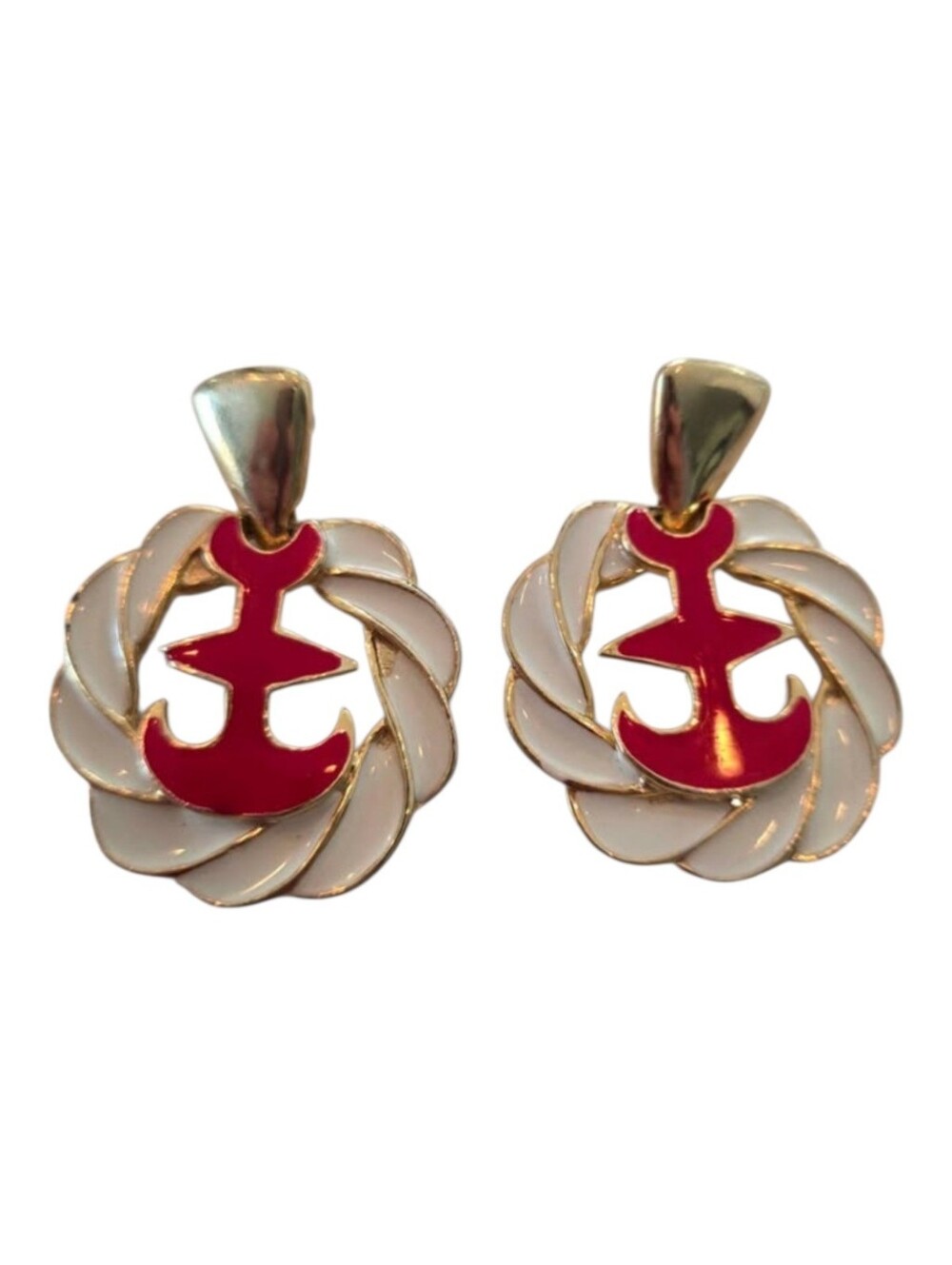 Retro 1980s Red White Gold Anchor Statement Earrings